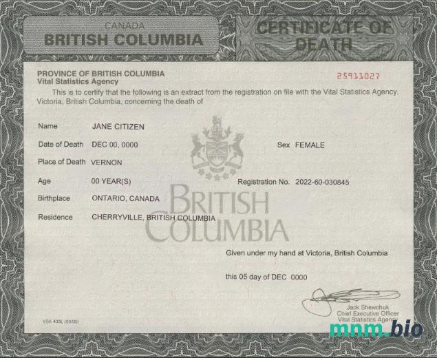 Canada British Columbia śmierć certyfikat szablon w formacie PSD